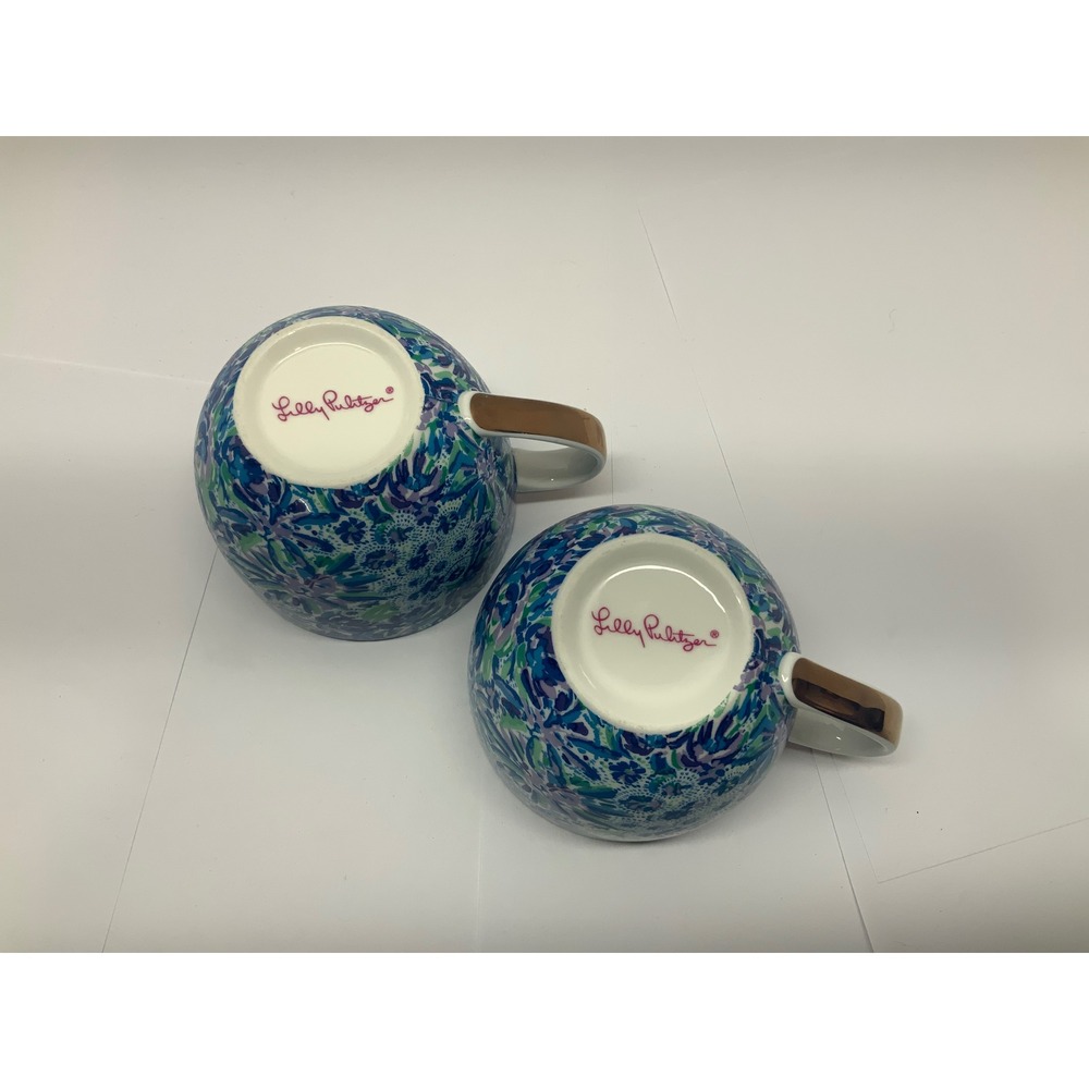 Lilly Pulitzer Ceramic Coffee Mug Set of 2 Blue Floral Gold Handle xx Lilly - Picture 3 of 3